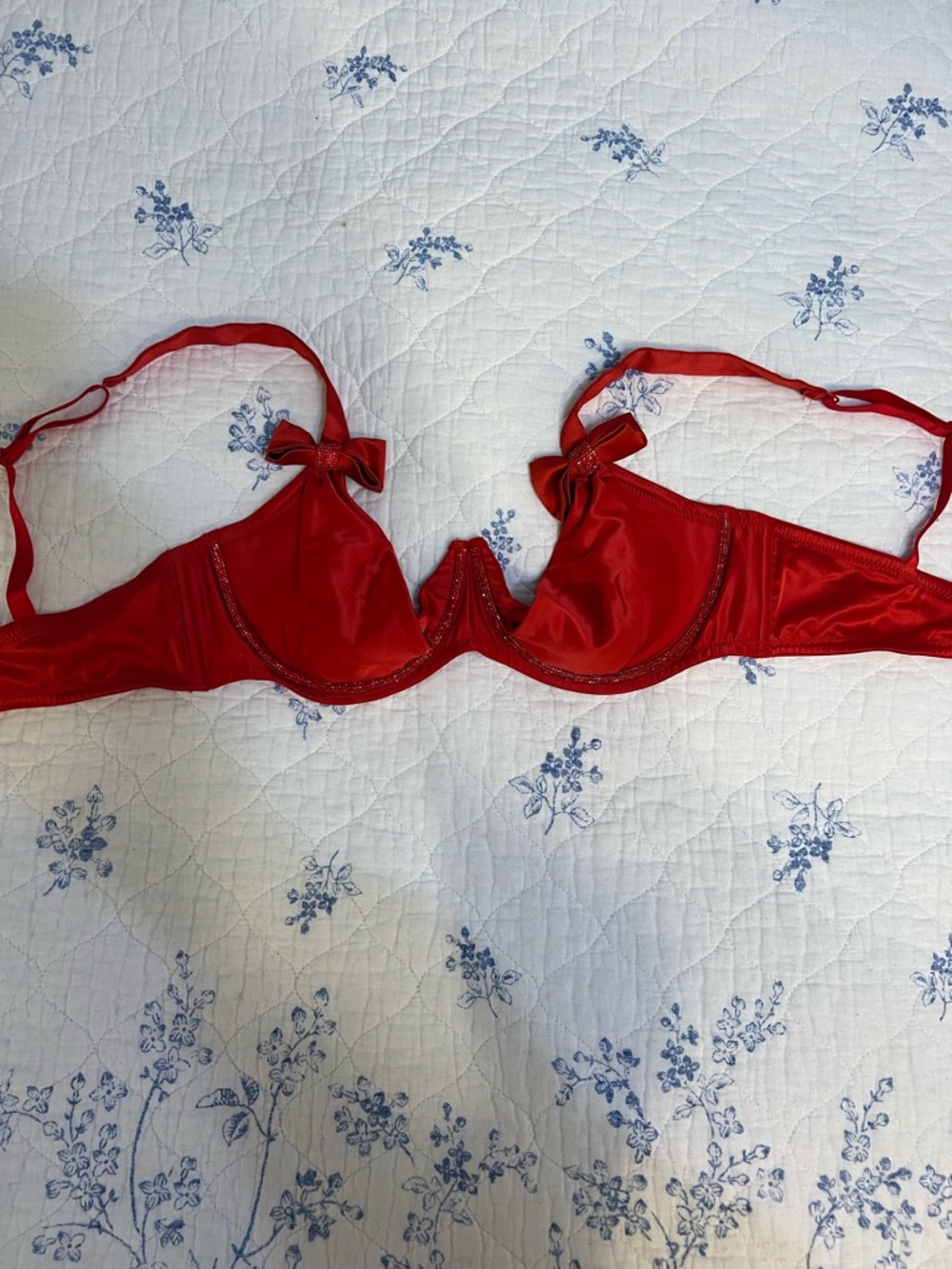 Victoria's Secret Red Satin Underwire Bra with Bow Accents